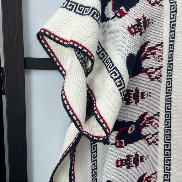 [l] Creme White Knit Holiday Poncho Sweater with Navy Blue & Red Reindeer Print - Picture 13 of 14